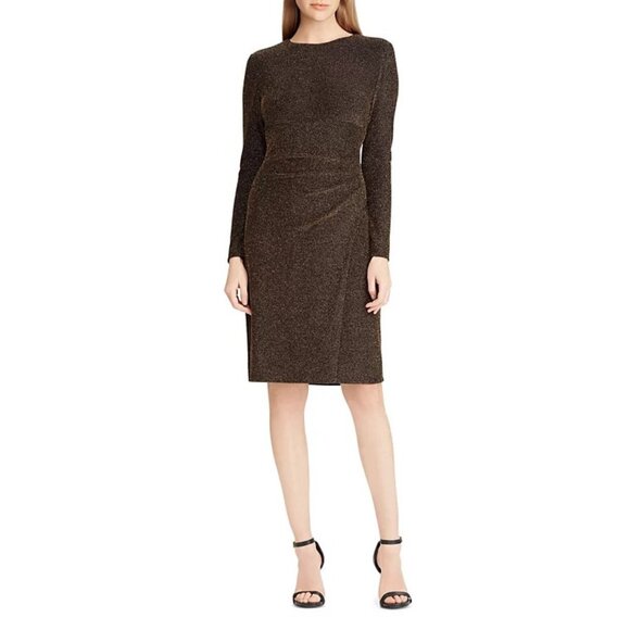 NWT Lauren Ralph Lauren Womens Size 10 Bronze Metallic Ruched Sheath Dress NEW - Picture 2 of 12